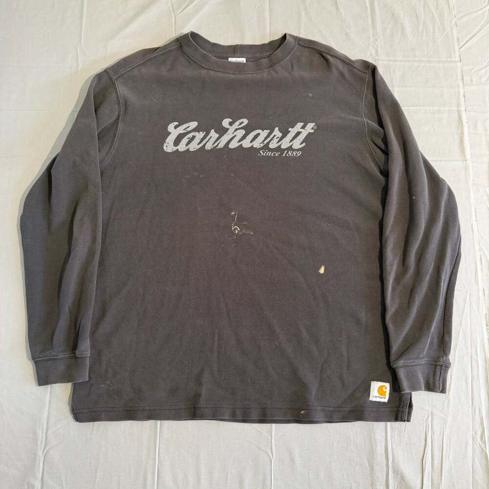 Carhartt Long Sleeve Thermal Waffle Knit Shirt Size M Grey Script Logo